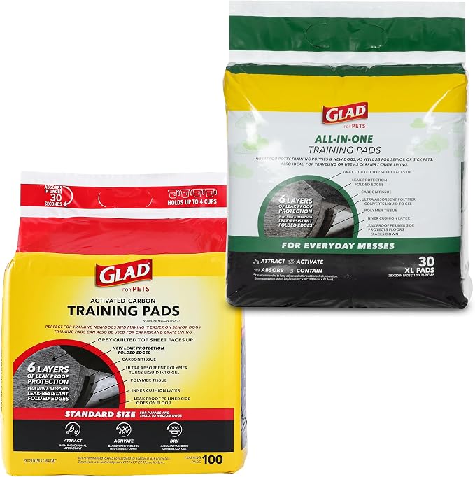 Glad for Pets Charcoal Puppy Pads | Standard (100 Ct) & Extra Large (30 Ct) Pee Pads | Absorbent Disposable Potty Training Pads for Dogs & Puppies with Odor-Neutralizing Technology