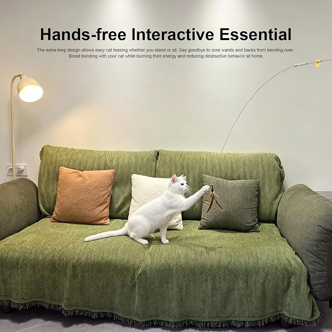 TTcat 63.39” Extra Long Cat Teaser Wand, Retractable Flexible Wire Rod, Bite Resistant with 3 Feather Refills, Interactive Cat Toy for Boredom Relief.