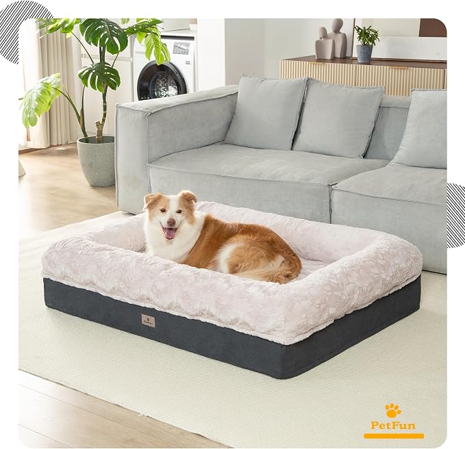 Memory Foam Dog Bed, Extra Large Orthopedic Dog Sofa with Sides and Waterproof Liner, Washable Bolster Pet Bed Couch with Removable Cover, Jumbo Plus | 60 inch, Off-White