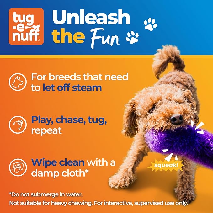 Tug-E-Nuff Faux Fur Squeaky Bungee Chaser Dog Toy, Tough Dog Tug Toy for Puppy, Small, Medium and Large Breeds, Interactive Training Chase Toys for Dogs, 46.5 in, Teal