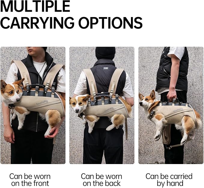 Dog Backpack Carrier for Large Dogs - Hands-Free Pet Travel Pack with 6-Point Safety System, Waterproof & Reflective Design for Motorcycle, Hiking, Surfing (Khaki Color, Medium)