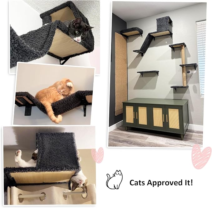 FUKUMARU Cat Wall Shelves, Stable & Safe 4 in 1 Cat Walls Furniture Set, Wooden Kitten Climbing Wall with Scratching Post for 16 Inch Drywall - Gray