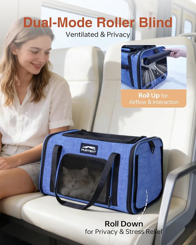 17x11x9.5 Pet Carrier Airline Approved, Cat Carrier with Litter Box, Soft Sided Cat Dog Carrier Up to 15 lbs, Breathable Travel Pet Carrier with Calming Curtain, Storage Bag & Poop Dispenser, Blue
