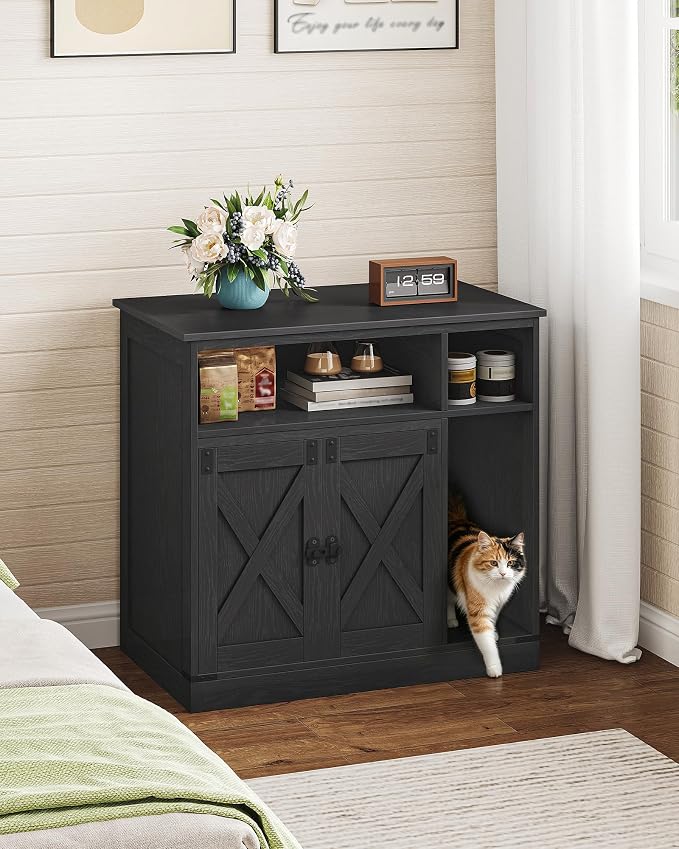 Hzuaneri Cat Litter Box Enclosure, Hidden Litter Box Furniture with Storage, Wooden Cat Cabinet with Scratch Pad, Farmhouse Cat Washroom, TV Stand End Table, Black CB87504X