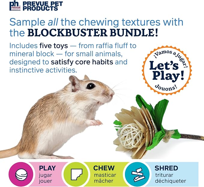 Prevue Pet Products Blockbuster Small Animal Toy Bundle - Natural Chew Toy Enrichment Set with Raffia & Mineral Block, Cage Accessories for Guinea Pigs, Rabbits, Hamsters, Gerbils, Rats & Chinchillas