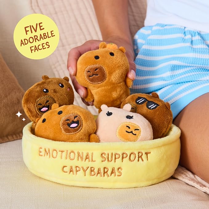 Emotional Support Capybaras by Relatable - PAL Award 2025 Winner, Cuddly Stuffed Animals and Plushies Set, Great Gift for Loved Ones of All Ages - Includes 5 Capybara Plush Toys with Carrying Basket
