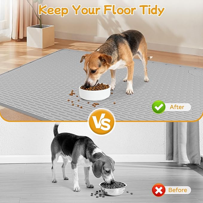 Dog Food Mat, 40" x 28" Large Silicone Mat Dog Feeding Mat with Raised Edge Non-Slip Pet Feeding Mat for Food and Water Bowl, Easy to Clean, Floor Protection (Gray)
