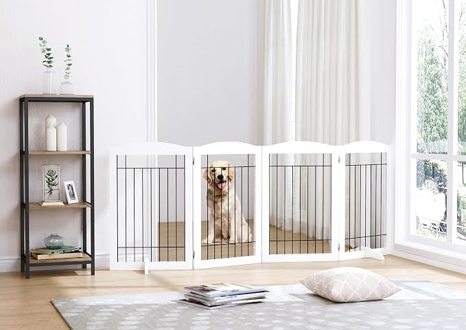 Spirich Free Standing Foldable Wire Pet Gate for Dogs, 80 inches Extra Wide, 30 inches Tall 4 Panels Dog Gate for the House, Doorway, Stairs, Pet Puppy Safety Fence,Set of Support Feet Included, White