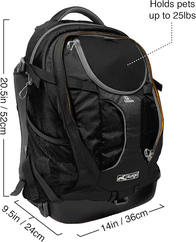 Kurgo G-Train Dog Carrier Backpack - Comfortable Travel Bag for Pets Up to 25 lbs - Waterproof Bottom - Multi-Compartment Pack - Dog Hiking Gear - Rugged Adventure Backpack - Black