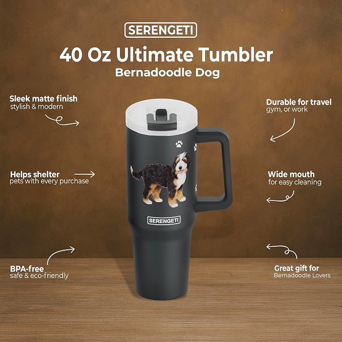 SERENGETI 40 Oz Ultimate Tumbler with Handle and Straw - Vacuum Insulated Tumbler with Straw and Lid - Stainless Steel Travel Mug for Pet Lovers - 3D Designs of your favorite Dog (Bernadoodle)