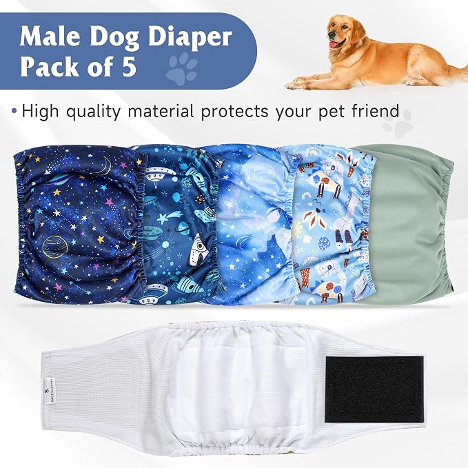 5 Pack Dog Diapers Male, High Absorbing Dog Wraps, Belly Bands for Male Dogs with Incontinence or Frequent Urination, Washable Doggie Diapers Star XXL