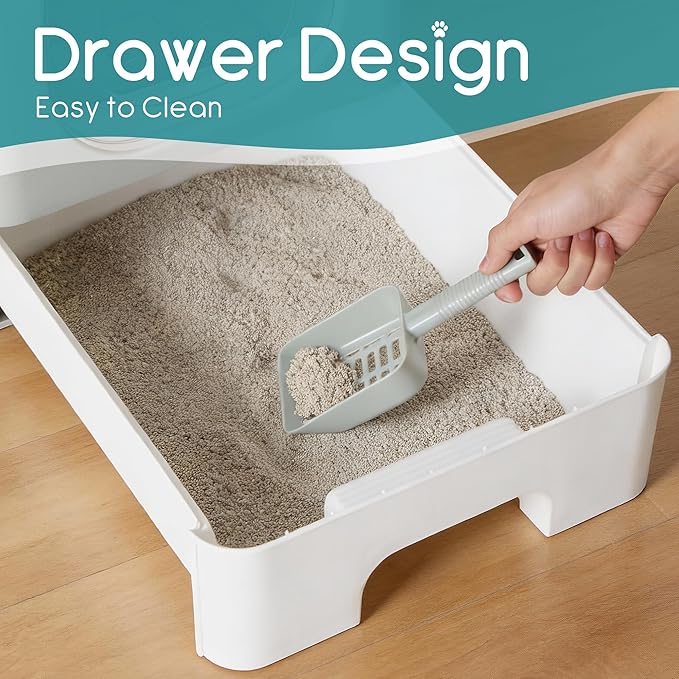 OLIXIS Foldable Cat Litter Box with Lid, Large Cat Box with Scoop, Front Entry Top Exit Kitty Litter Boxs with Door, Easy Cleaning Drawer Design Odor Control, Grey