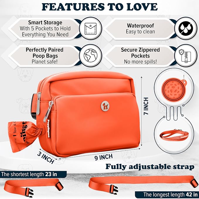 Puppington 3-in-1 Crossbody & Dog Treat Pouch for Pet Training - Matching Compostable Poop Bags, Built-In Poop Bag Dispenser & Slow-Feeding Travel Dog Bowl - Dog Walking Bag (Poppy Orange)