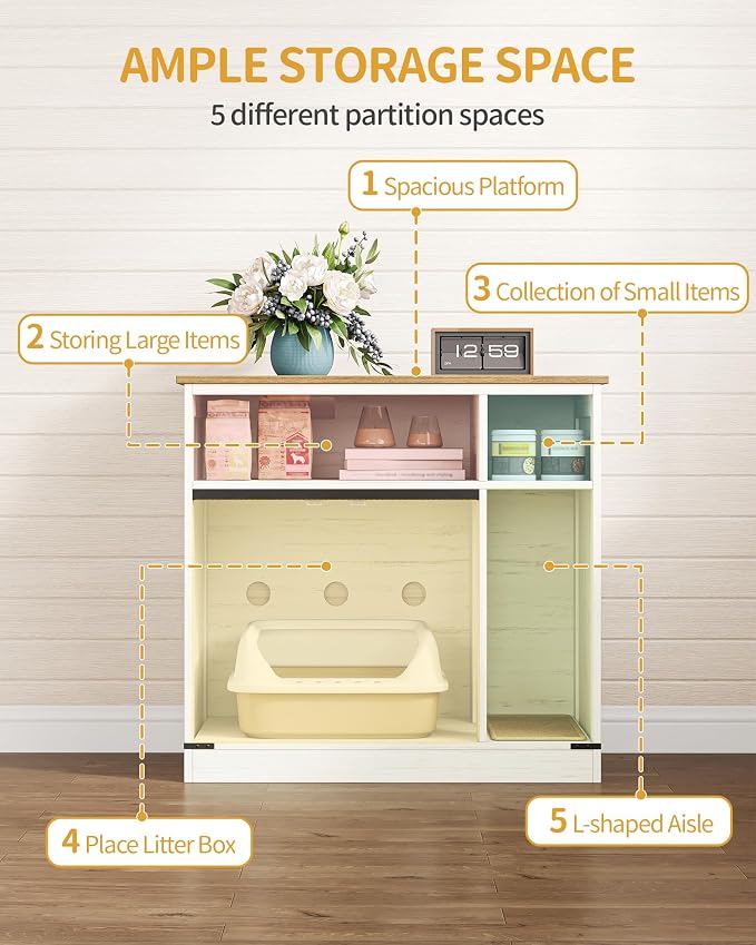 Hzuaneri Cat Litter Box Enclosure, Hidden Litter Box Furniture with Storage, Wooden Cat Cabinet with Scratch Pad, Farmhouse Cat Washroom, TV Stand End Table, Rustic Brown and White CB87514X