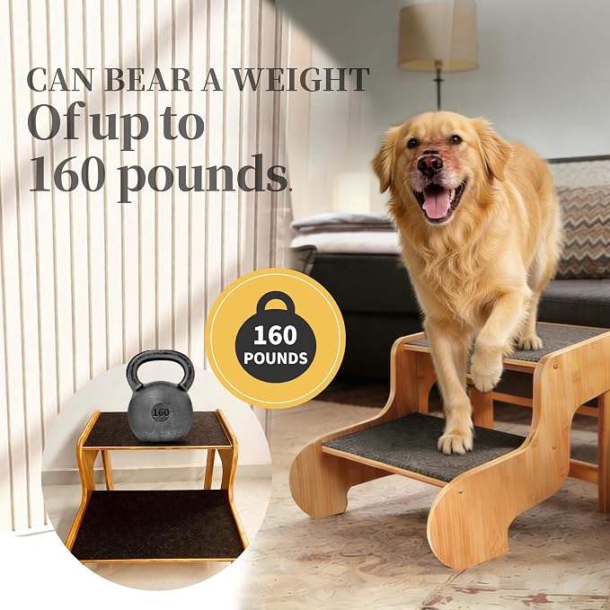 Dog Steps for Bed,Extra Wide Dog Stairs for Large Dogs，2-Step Bamboo Pet Ramp for Large Senior/Older Dogs or Pet Up to 160 Pounds Get to Couch Or High Bed (H:16 inch)