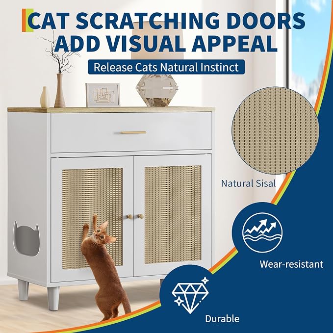 PeakPursuit Hidden Litter Box Enclosure Furniture, 31.5'' Wooden Self Cleaning Litter Box Cabinet with Storage Drawer and Sisal Doors, Corner Cat Kitten Cabinet Side Table White