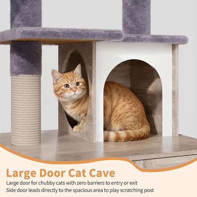 Cat Tree with Litter Box Enclosure, Hidden Litter Box Furniture with Cat Tower, Cat Tree with with Sisal Scratching Post,Hammocks,Condo,Multiple Platform,Soft Plush Perch, Grey