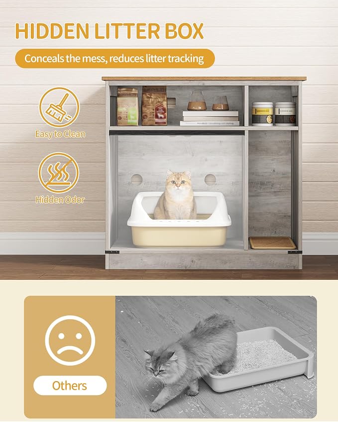 Hzuaneri Cat Litter Box Enclosure, Hidden Litter Box Furniture with Storage, Wooden Cat Cabinet with Scratch Pad, Farmhouse Cat Washroom, TV Stand End Table, Greige CB87505X