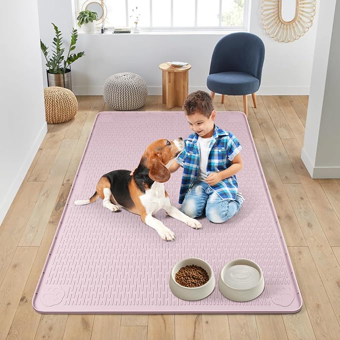 Dog Food Mat, Extra Large 50" x 35" Silicone Pet Feeding Mat with Raised Edge Pet Placemat for Small, Medium, and Large Pets Non-Slip, Easy to Clean (Pink)