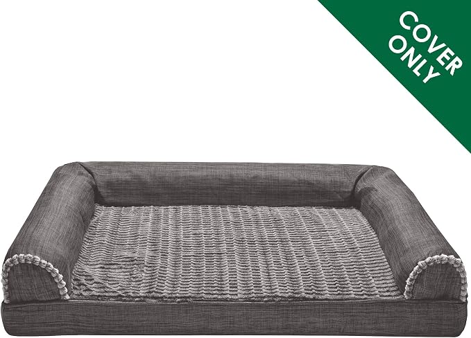 Furhaven Replacement Dog Bed Cover Luxe Faux Fur & Performance Linen Sofa-Style, Machine Washable - Charcoal, Large