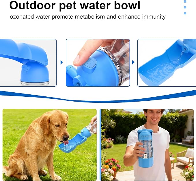 Amerisun Portable Dog Water Bottle with Ozone Purification-Active Oxygen Puppy Water Bowl & Dispenser for Travel, Improves Taste and Boosts Immunity for Pet Health Care Water Bottle (A-013Bblue)