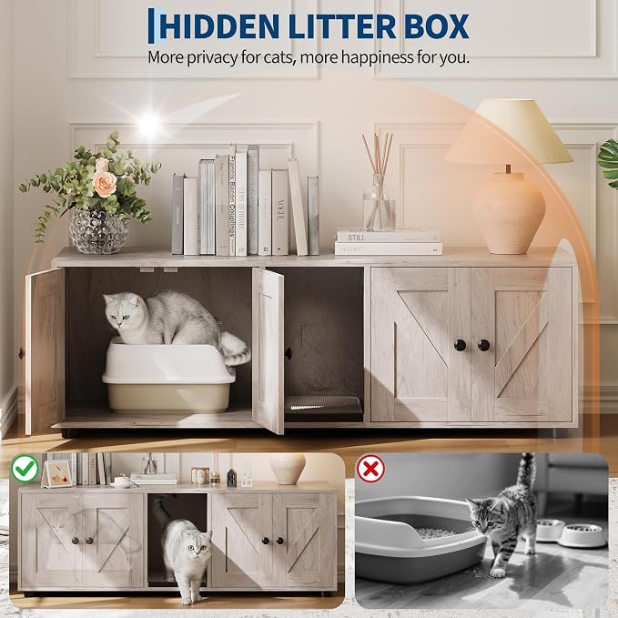 Gray Double Compartment Cat Litter Box Enclosure, Hidden Litter Box Furniture Cabinet for 2 Cats, Indoor Privacy Cat House, Stylish Pet Storage Cabinet