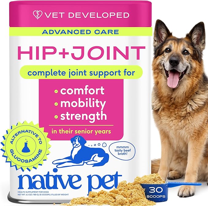 Native Pet Hip and Joint Supplement Dogs - Powder with UC-II Collagen and HMB - Senior and Large Breed Dog Joint Support - Made in USA - 30 Scoops