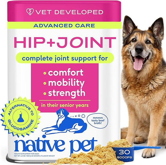 Native Pet Hip and Joint Supplement Dogs - Powder with UC-II Collagen and HMB - Senior and Large Breed Dog Joint Support - Made in USA - 30 Scoops