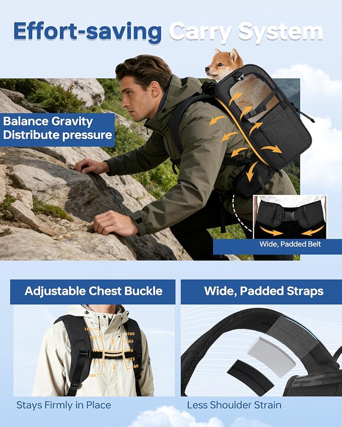 Hiking Dog Carrier Backpack, Padded Height-Enhancing Design, Adjustable Waist Cushioning Belt with Breathable Padded Back Support, Dog Carrier Backpack for Small Dogs Max 13LB Black with Pad