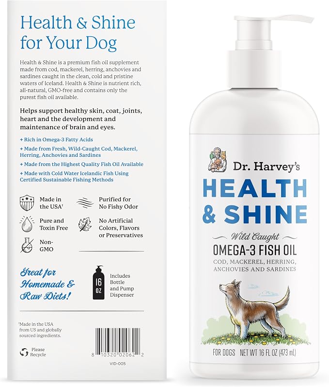 Dr. Harvey’s Health & Shine Omega 3 Fish Oil for Dogs from Wild Caught Cod, Mackerel, Herring, Anchovies and Sardines - Supports Beautiful Fur, Strong Joints and Itchy Allergy Relief (16 fl. oz.)
