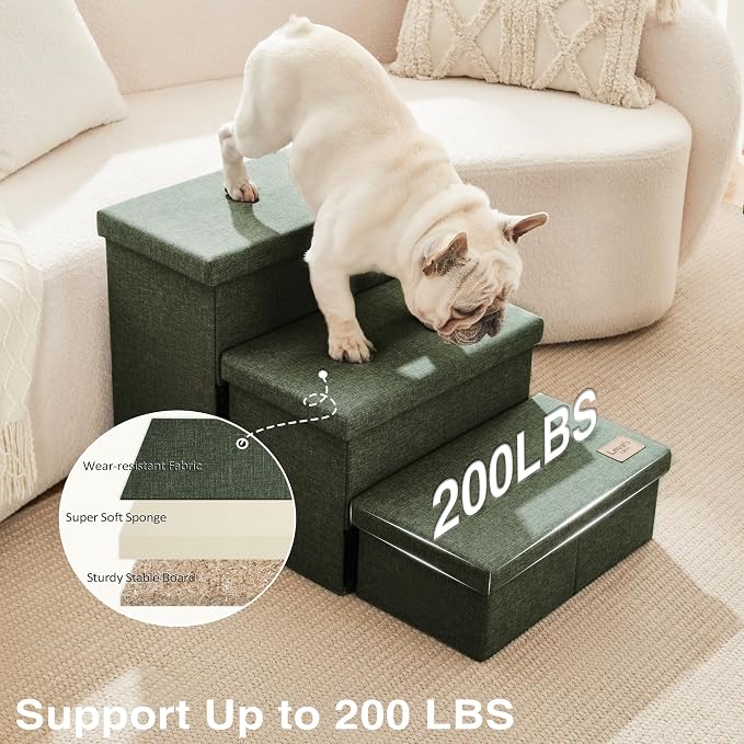 Love's cabin Dog Stairs for High Bed 18" H, Foldable Pet Stairs for Small Medium or Large Dogs Puppy with Storage for Bed or Couch, Cat Dog Steps Ramp with Zip up to 200 lbs, Dark Green, 3 Steps