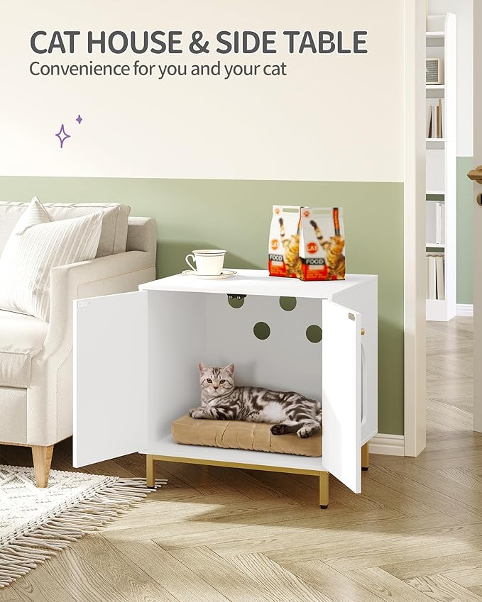 Hzuaneri Cat Litter Box Enclosure, Hidden Litter Box Furniture Cabinet, Wooden Indoor Cat House, Side End Table, Living Room, Bedroom, White and Gold CB81203G