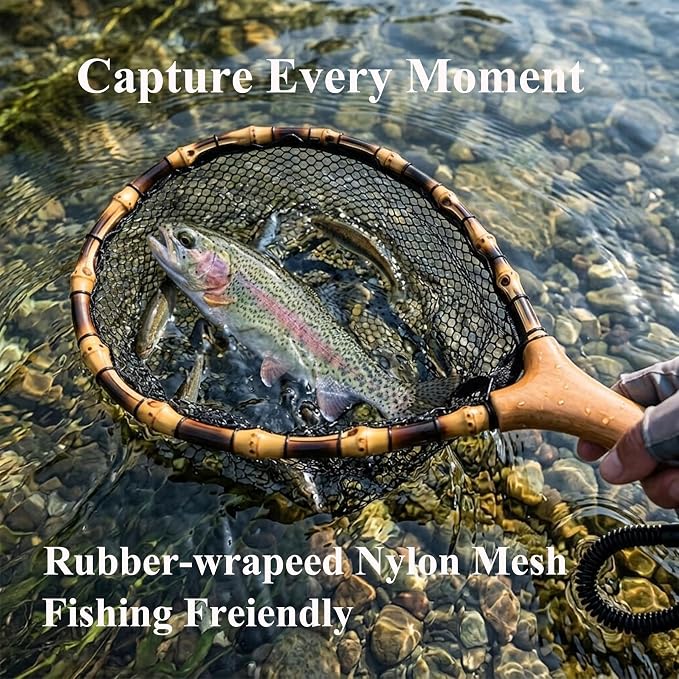 Floating Handcrafted Bamboo Fly Fishing Landing Net, Solid Wood Handle, Soft Rubber Coated Mesh for Trout, Kayak & Stream Fishing, Includes Magnetic Release & Safety Lanyard