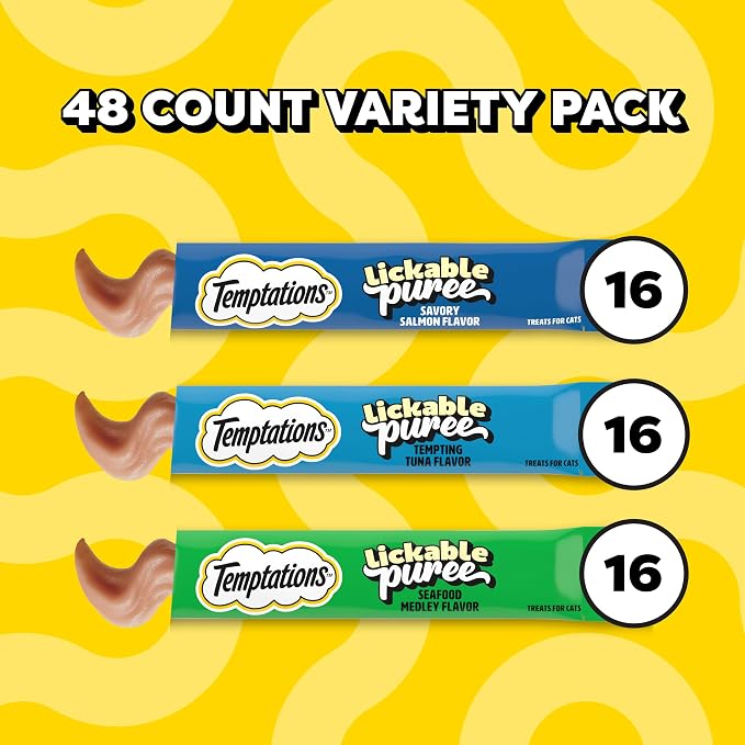 Temptations Creamy Puree Squeezable Lickable Cat Treats, Wet Cat Treats with Tuna, Salmon, and Seafood Medley Variety Pack, 0.42 oz. Tubes, 48 Count