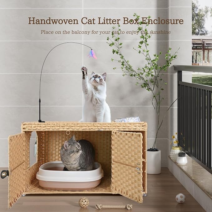Aesthetic Cat Litter Box Enclosure, Handwoven Rattan Hidden Litter Box Furniture with Extra Mat and Fence, Large Space Litter Box Cover with Divider for Bedroom Living Room Balcony, Yellow