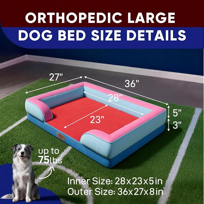 Comfort Expression Orthopedic Dog Bed for Large Dogs 36x27 Inch, Waterproof Egg Crate Foam Large Pet Bed with Bolsters, Dog Couch with Washable Cover & Non-Slip Bottom, Atlanta