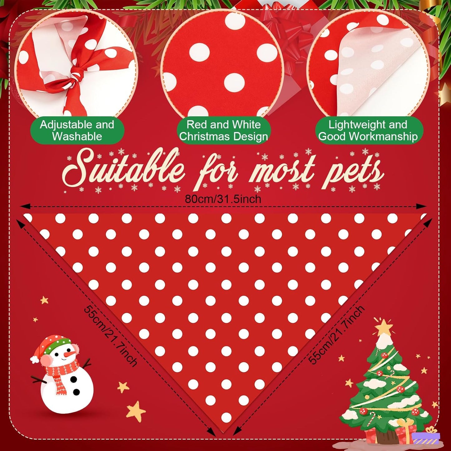 Abbylike 50 Pcs Christmas Dog Bandanas Bulk Xmas Red and White Bandanas for Dogs Triangle Kerchief Bibs Scarf Set for Pet Christmas Costume Photo Props Accessories Pet Shops (31.5 x 21.7 x 21.7)