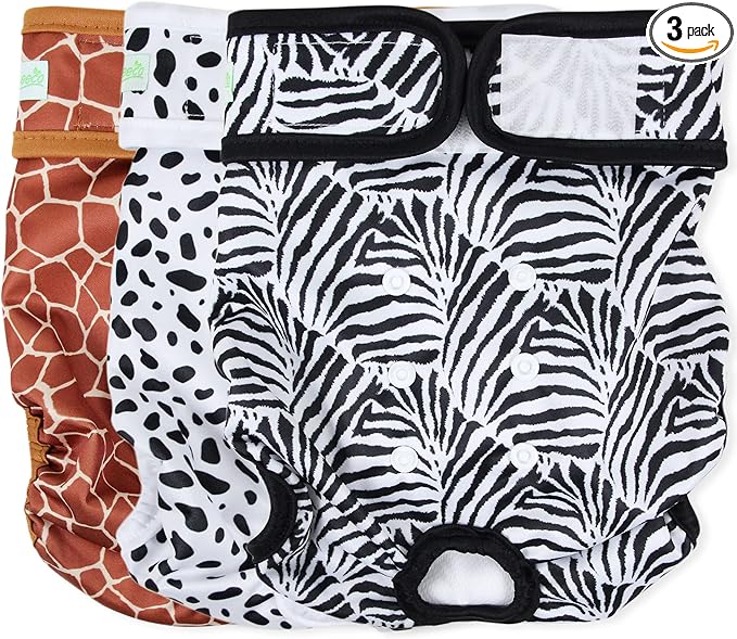 wegreeco Washable Dog Diapers (3 Pack), Highly Absorbent Dog Diapers for Female Dogs, Female Dogs in Heat, Period, Incontinence, or Excitable Urination (Zebra, Giraffe, Spotty, Large)