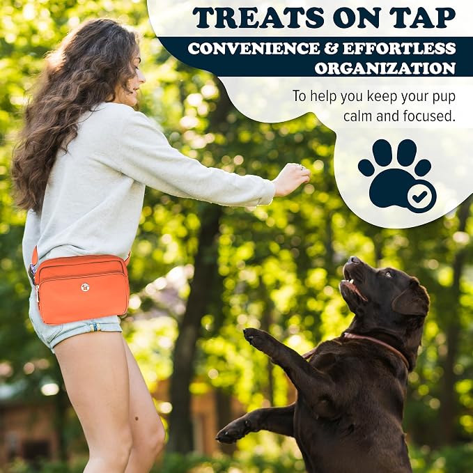 Puppington 3-in-1 Crossbody Dog Treat Pouch for Pet Training - Compostable Poop Bags, Built-In Poop Bag Dispenser, Slow-Feeding Travel Dog Bowl & Reflective Leash - Dog Walking Bag (Poppy Orange)