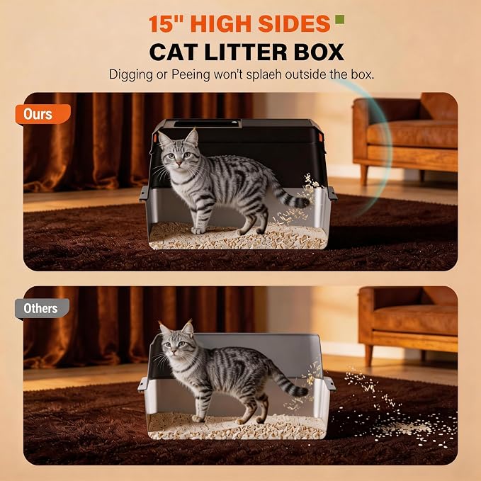 Extra Large Enclosed Stainless Steel Litter Box with Lid，Side Entry Top Exit High Sided Metal Cat Litter Pan，Non-Stick Easy Cleaning Anti-Urine Leakage for Big Cats，Includes Scoop & Step, Black