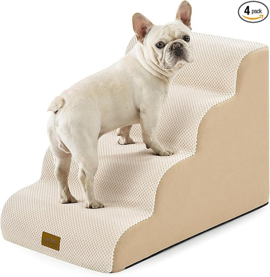 COZY KISS Dog Stairs for Small Dogs 19.7" H, Curved Dog Step for Puppy, Older or Cat, Medium Pet Ramp for Sofa, Couch or Bed, Ladder with High Density Foam, 4 Step, 15.7x28.3x19.7 inch, Beige