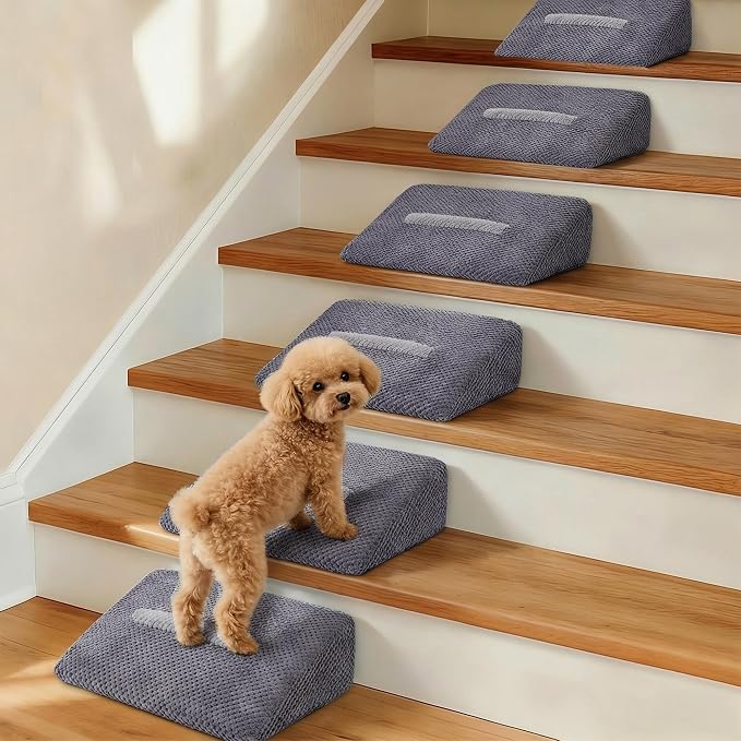 6 Pack Dog Ramp for Stairs with Contrast Color Anti-Slip Strip – Stair Wedges for Small & Senior Dogs and Cats, Gentle Slope Pet Steps with Washable Cover & Self-Sticky Pads