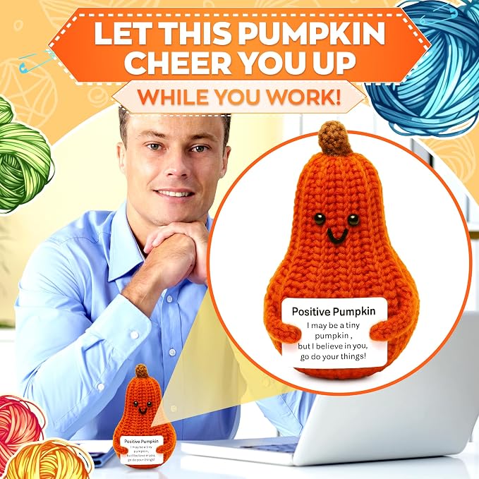 Reluen Positive Affirmation Pumpkin Crochet Dolls - Valentines Day Gifts Knitted Toys Home Office Decor Mini Dolls for Women - Positive Affirmation Gifts Desk Decorations Crochet Gifts, Orange