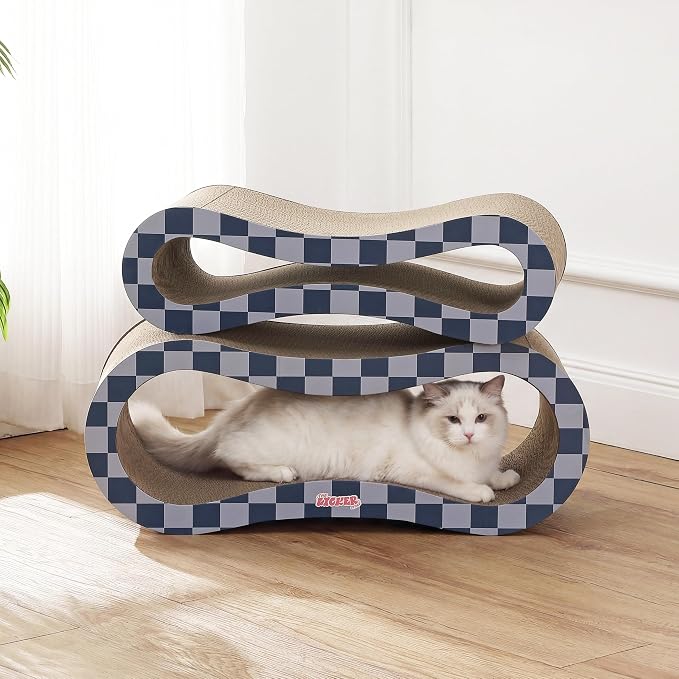 Suvi 26" Modern Cardboard Infinity 2-in-1 Lounge Bed Cat Scratcher with Catnip, Navy/Blue Checker, Corrugated Surface and Tunnel for Indoor Cats CSR1014J