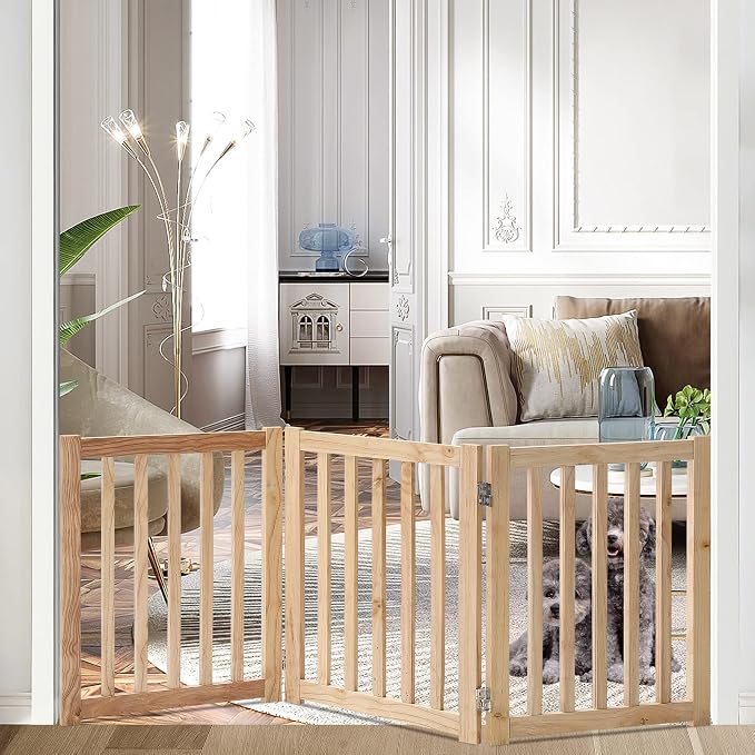 LZRS 3-Panel Wooden Free Standing Foldable Dog Gate Indoor – 24" High,Step-Over Safety Pet Gate for Doorways, Stairs, Hallways, Indoor Dog Barrier for Small to Medium Dogs & Puppies, Natural