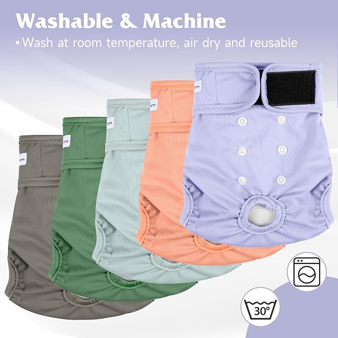 5 Pack Reusable Diapers for Doggie, Highly Absorbent Dog Diapers Female for Pet with Incontinence or Frequent Urination, Small Dog Diapers Female, Pink & Purple
