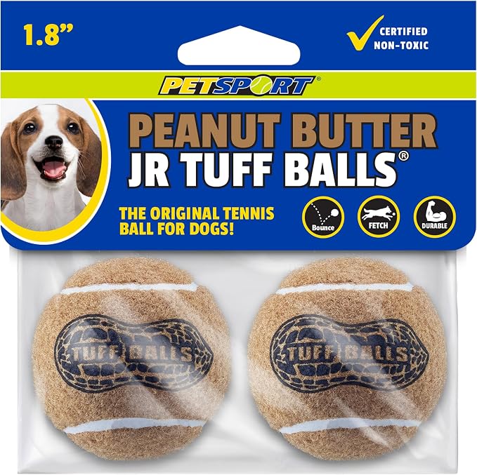 PetSport Junior Peanut Butter Tuff Ball Dog Toys | 6 Pack Jr. (1.8") Pet Safe Felt & Durable Rubber Tennis Balls | Play Fetch, Chuck or Toss at Dog Park