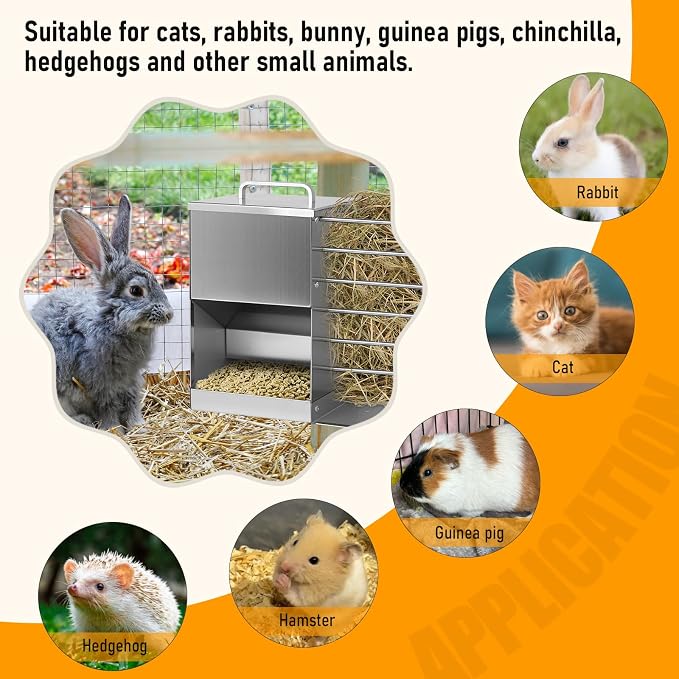 Rabbit Feeder for Cages, 2 in 1 Rabbit Hay Feeder Set, 5L Automatic Rabbit Pellet Feeder and Small Animals Hay Manger for Guinea Pig Chinchilla Bunny