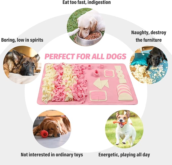 Snuffle Mat for Dogs: Slow Food Interactive Experience - 7 Enrichment Foraging Games for Large Dog Owners Needing to Burn Pet Energy - Washable 1000 Times - 22x38 inch - Pink