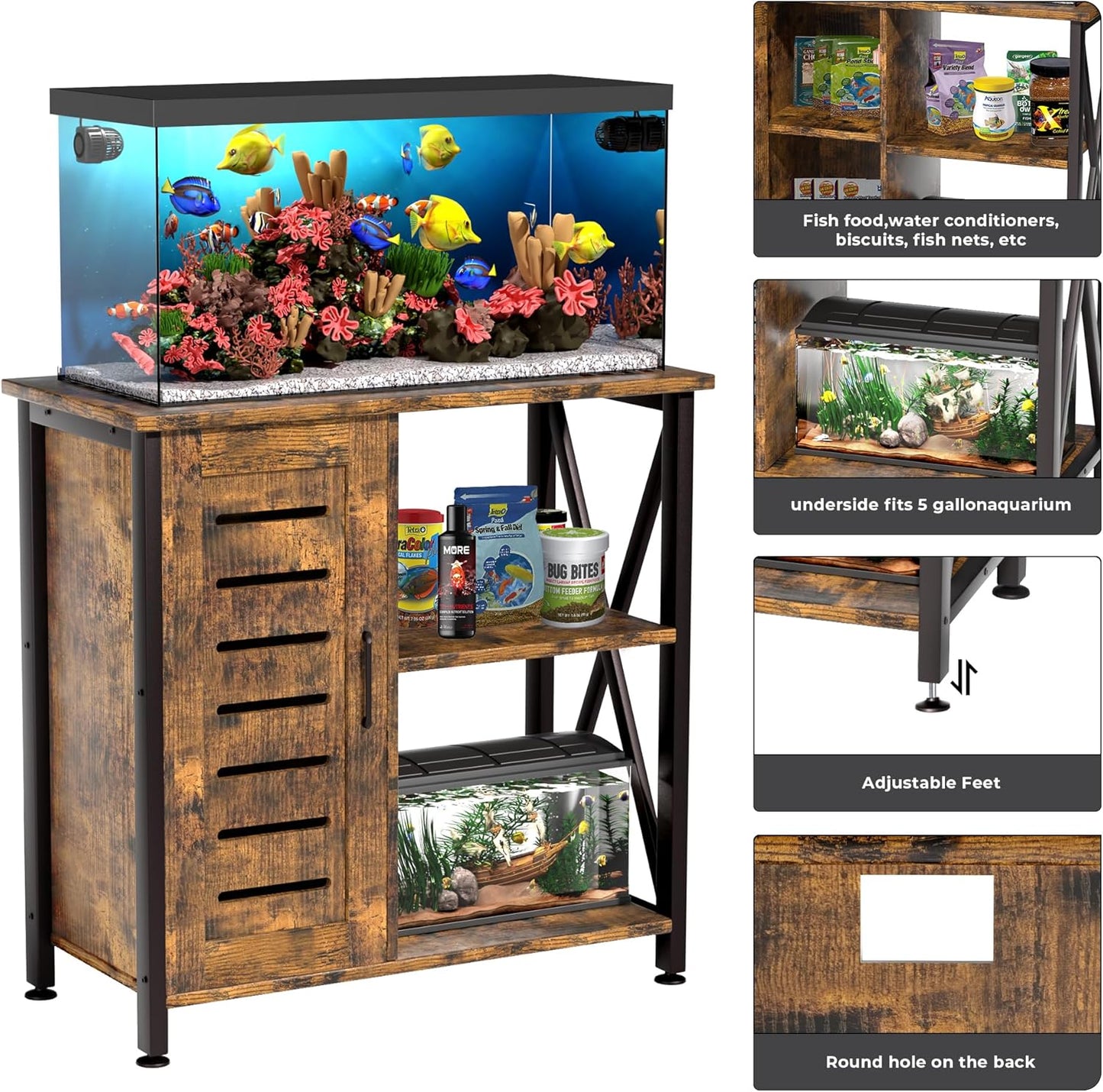 20-29 Gallon Fish Tank Stand, Aquarium Stand with Cabinet Accessories Storage, Heavy Duty Metal Frame, 31.49" L*15.74" W Tabletop, 330LBS Capacity, Rustic Brown PG07YGN